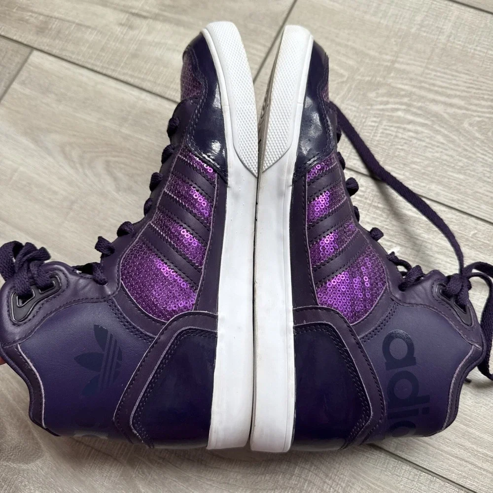 Adidas Extaball High Top Sneakers Womens Shoes US 8 Dark Violet Sequins White